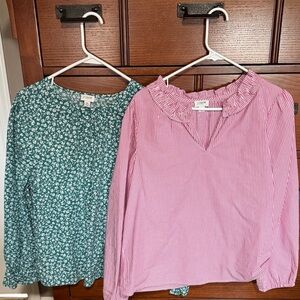 J. Crew Pink Stripe Ruffle-Neck Blouse & Green Floral Top
